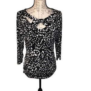 JLo,‎ L, twist front with cutouts, cinched sides black white geometric stretch y